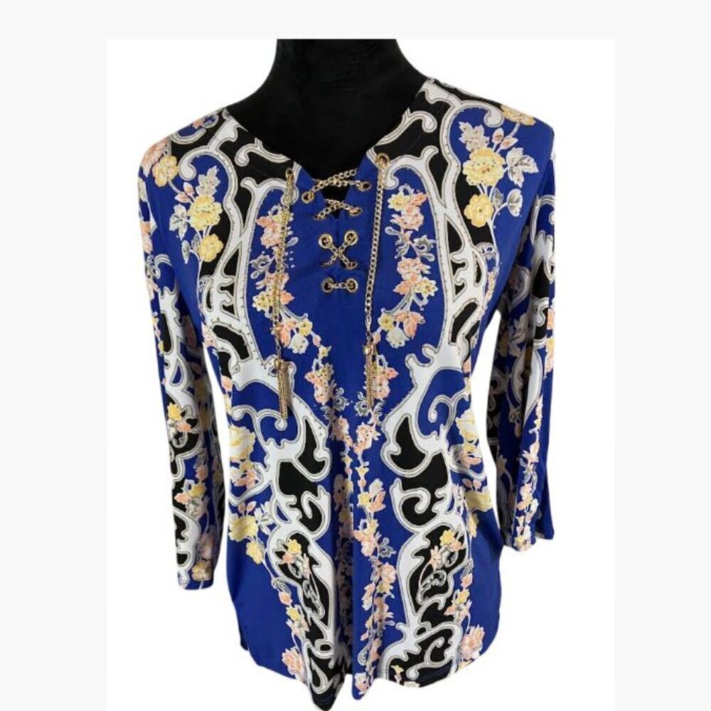 IM Collection Elegant Multicolor Tunic with Gold Chains Tassels  Size PM  EUC